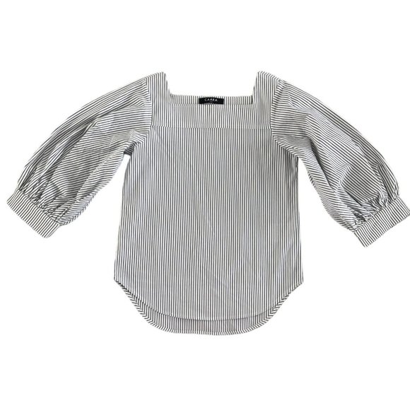 Caara Blue and White Striped Balloon Sleeve Square‎ Neck Top Small NWOT $90 - Picture 6 of 12